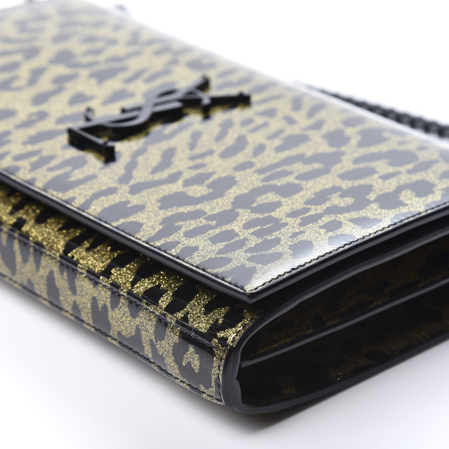 Patent Leopard Print Monogram Chain Wallet Black Gold