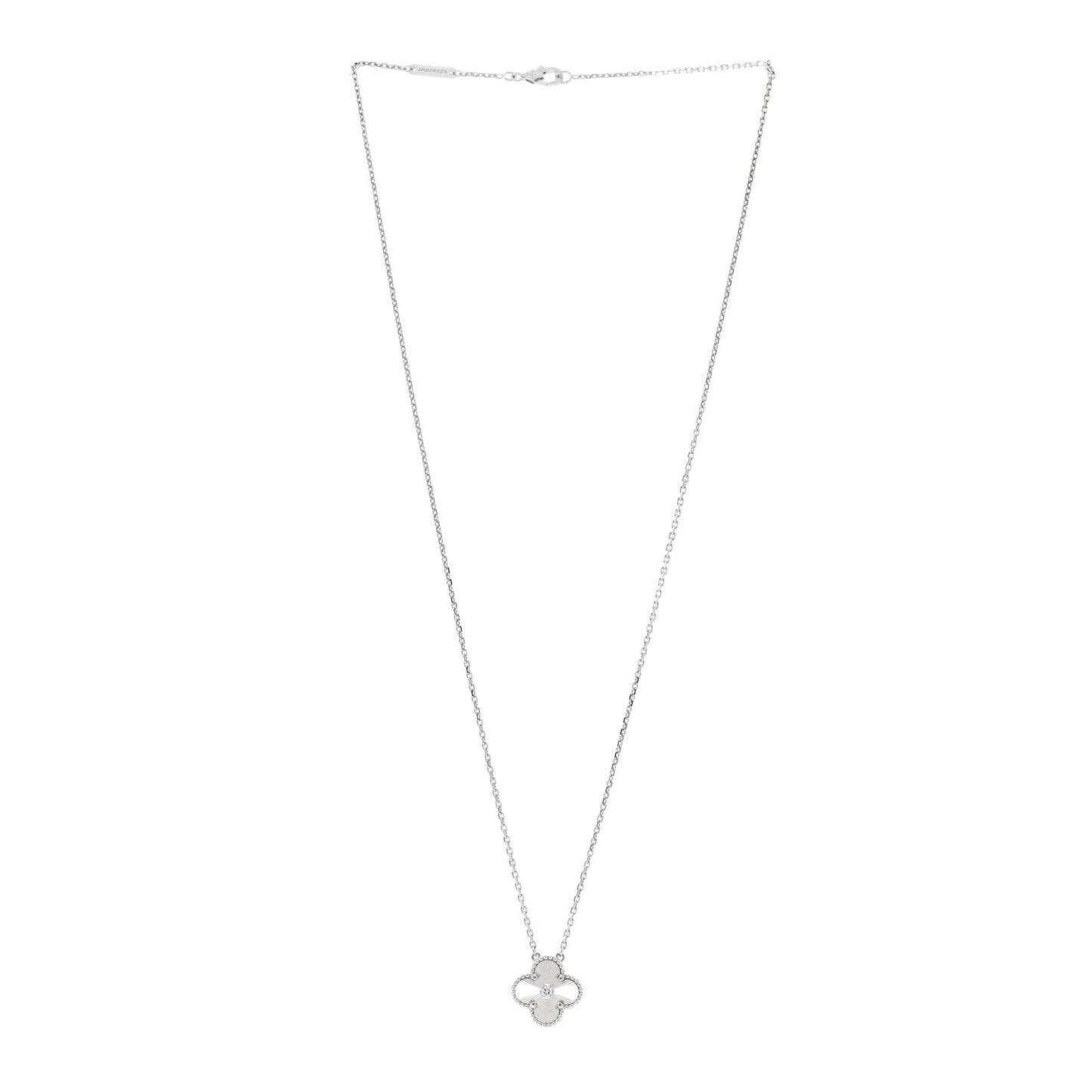 18K White Gold Diamond Guilloche Vintage Alhambra Pendant Necklace