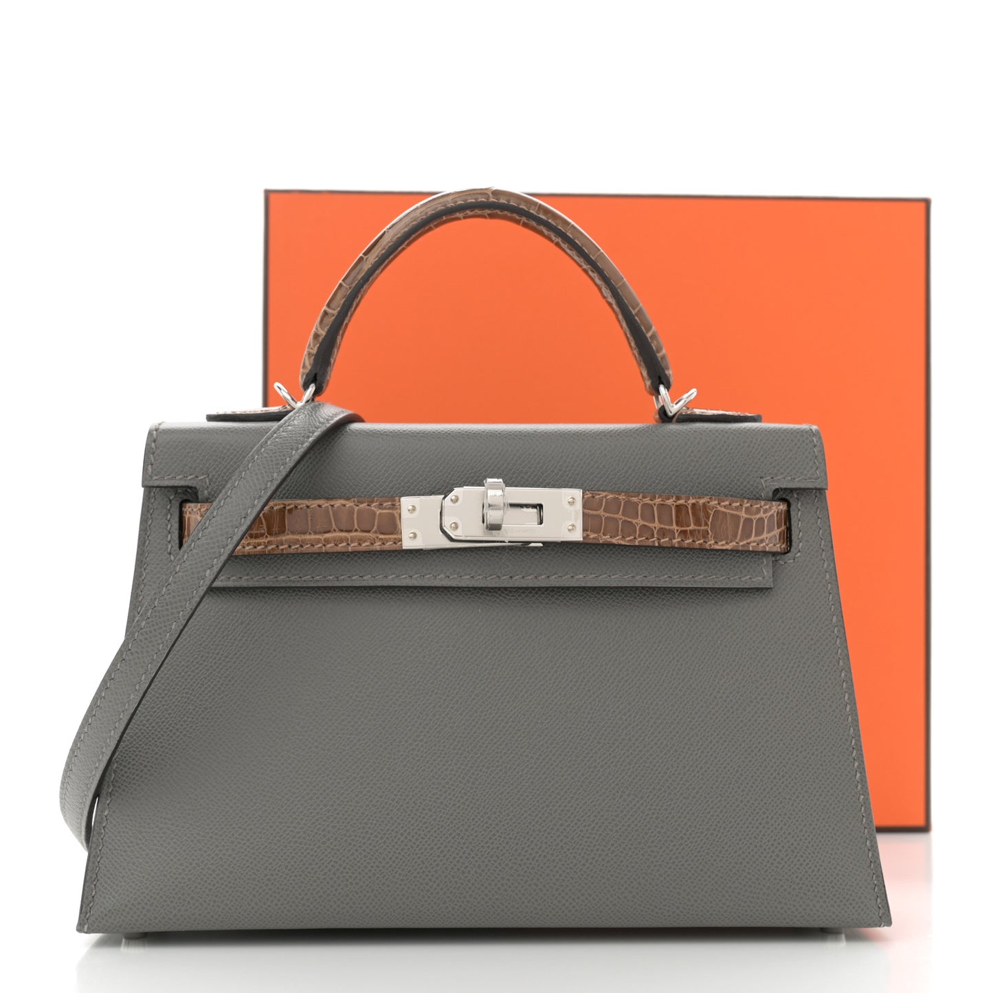 Madame Calfskin Shiny Alligator Mini Kelly Sellier Touch 20 Gris Meyer Ficelle