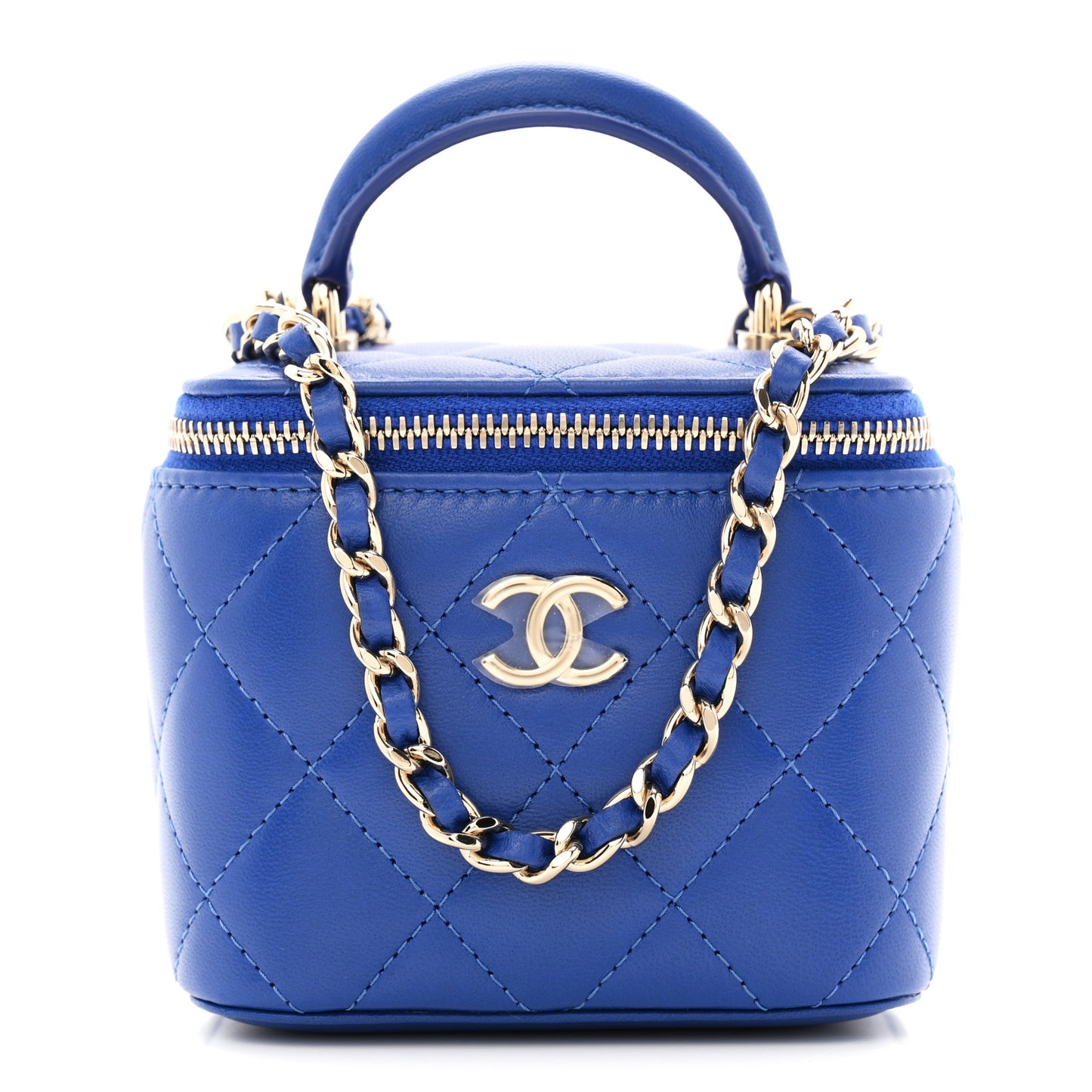 Lambskin Quilted Top Handle Mini Vanity Case With Chain Blue