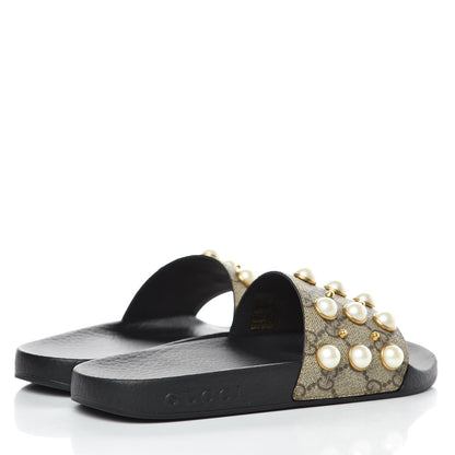 Gucci GG Supreme Monogram Pearls Slide Sandals 35 Beige 4 of 7