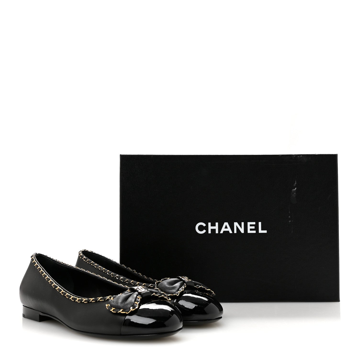 Chanel Lambskin Patent Cap Toe Chain Around Ballerina Flats 37 Black 10 of 10