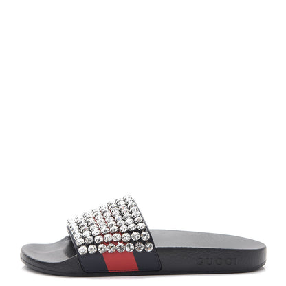 Gucci Calfskin Crystal Embellished Web Slide Sandals 37 Blue Red 1 of 8