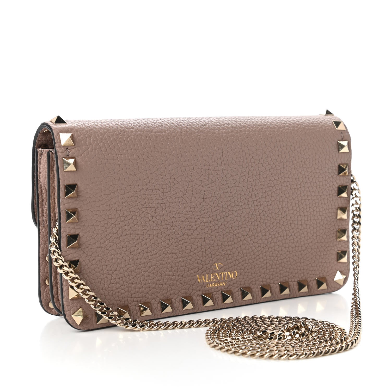 Valentino Garavani Pebbled Calfskin Rockstud Flap Wallet On Chain Poudre 3 of 10