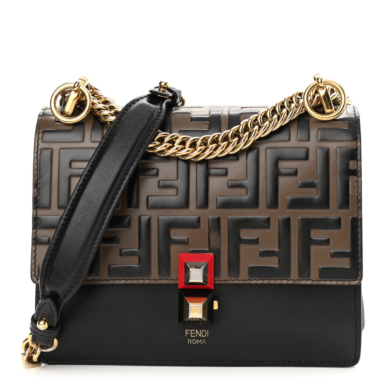 Fendi Vitello Liberty Bi-Color FF 1974 Embossed Small Kan I Shoulder Bag Black Maya 1 of 13