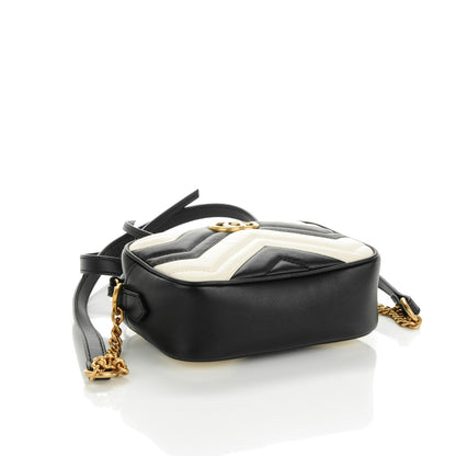 Gucci Calfskin Matelasse Mini GG Marmont Chain Shoulder Bag Black White 4 of 7