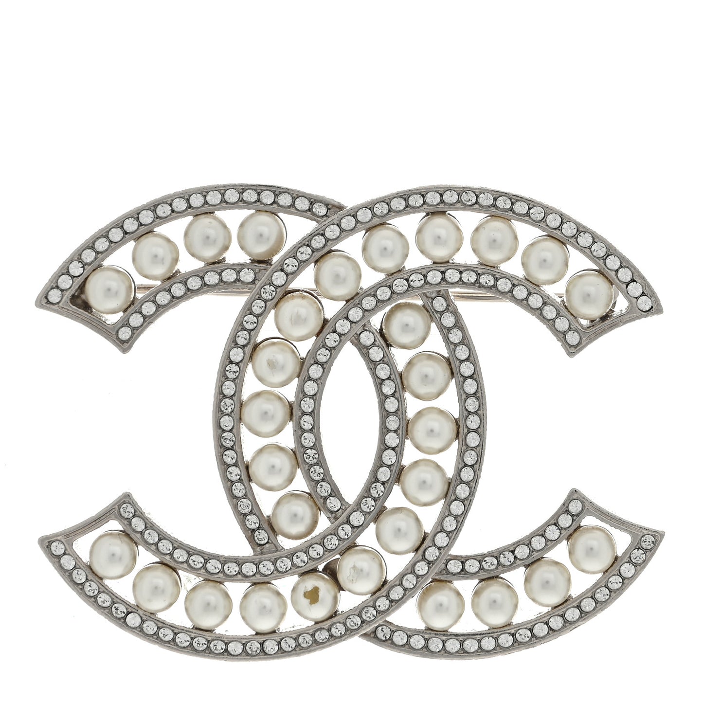 Pearl Crystal CC Brooch Silver