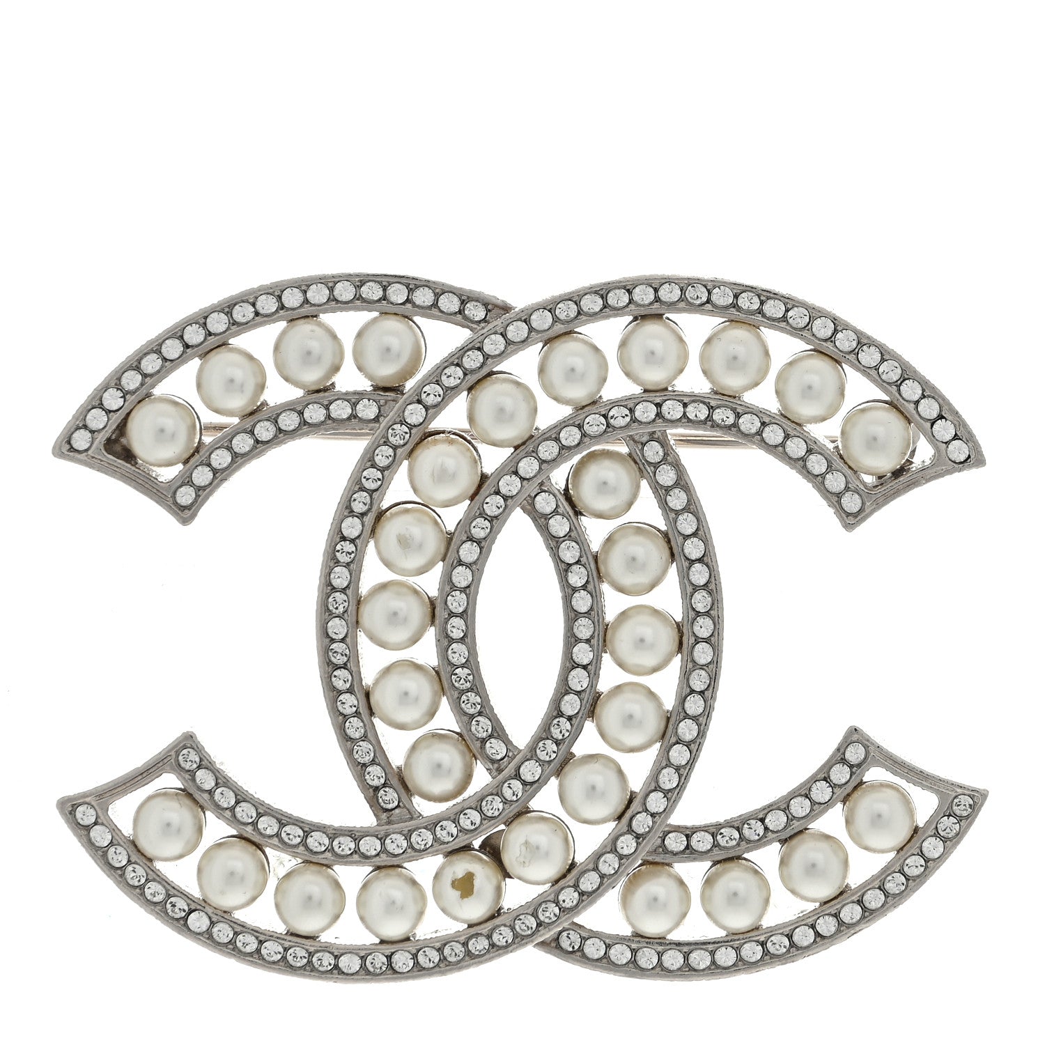 Chanel Pearl Crystal CC Brooch Silver 1 of 4