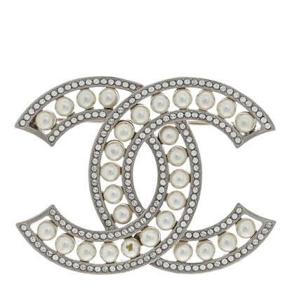 Chanel Pearl Crystal CC Brooch Silver 1 of 4