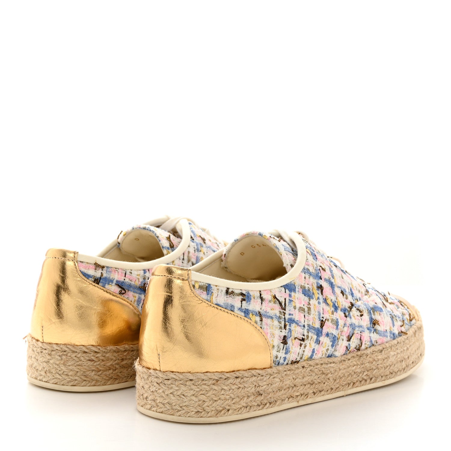 Chanel Tweed Laminated Lambskin Lace Up Espadrilles 40 Pink Blue Gold White 4 of 9