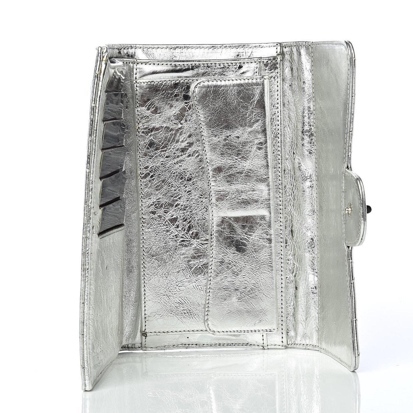 Metallic Aged Calfskin Quilted Reissue Long Flap Wallet Light Silver