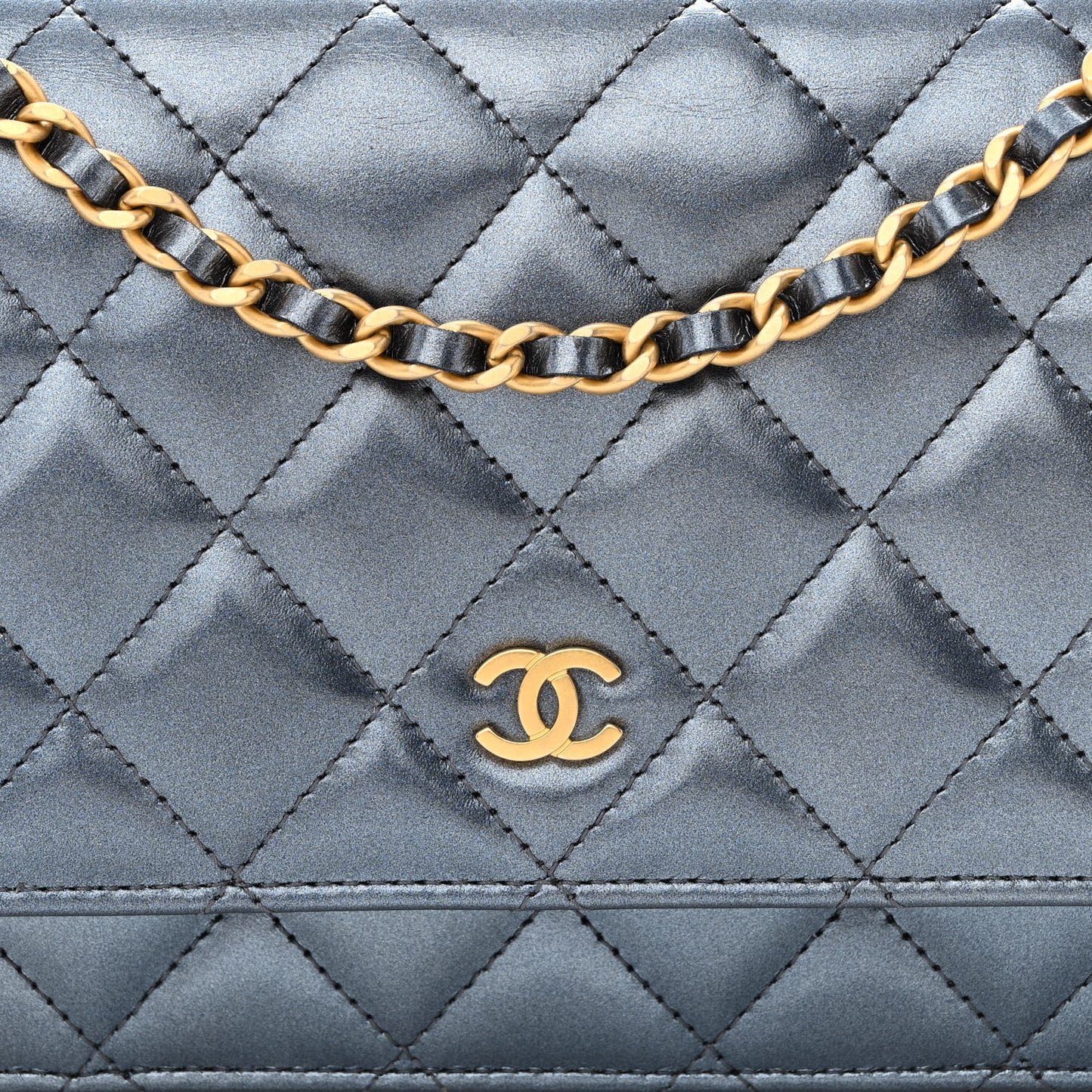 Metallic Lambskin Wallet On Chain WOC Dark Blue