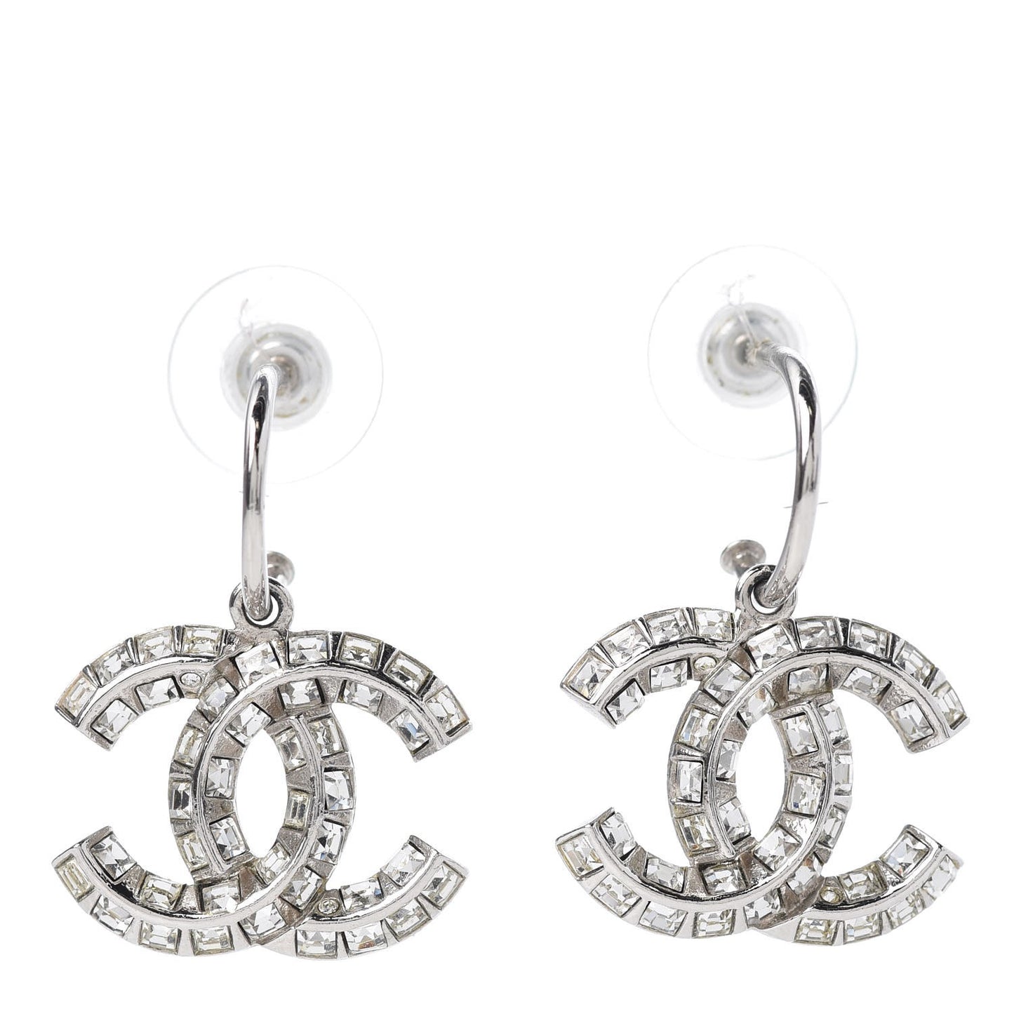 Baguette Crystal CC Drop Earrings Silver