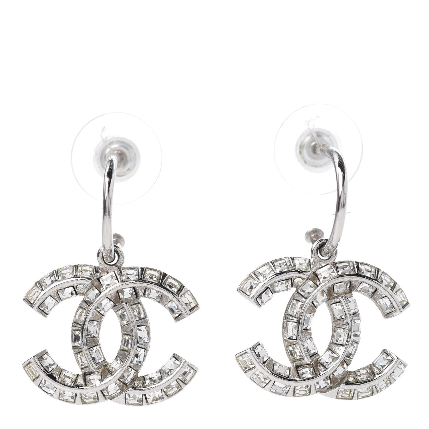 Chanel Baguette Crystal CC Drop Earrings Silver 1 of 5