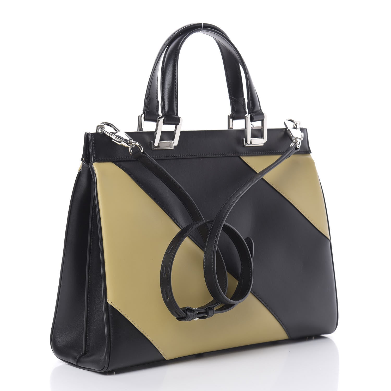 Gucci Smooth Calfskin Diagonal Striped Medium Zumi Top Handle Bag Black Beige 3 of 12