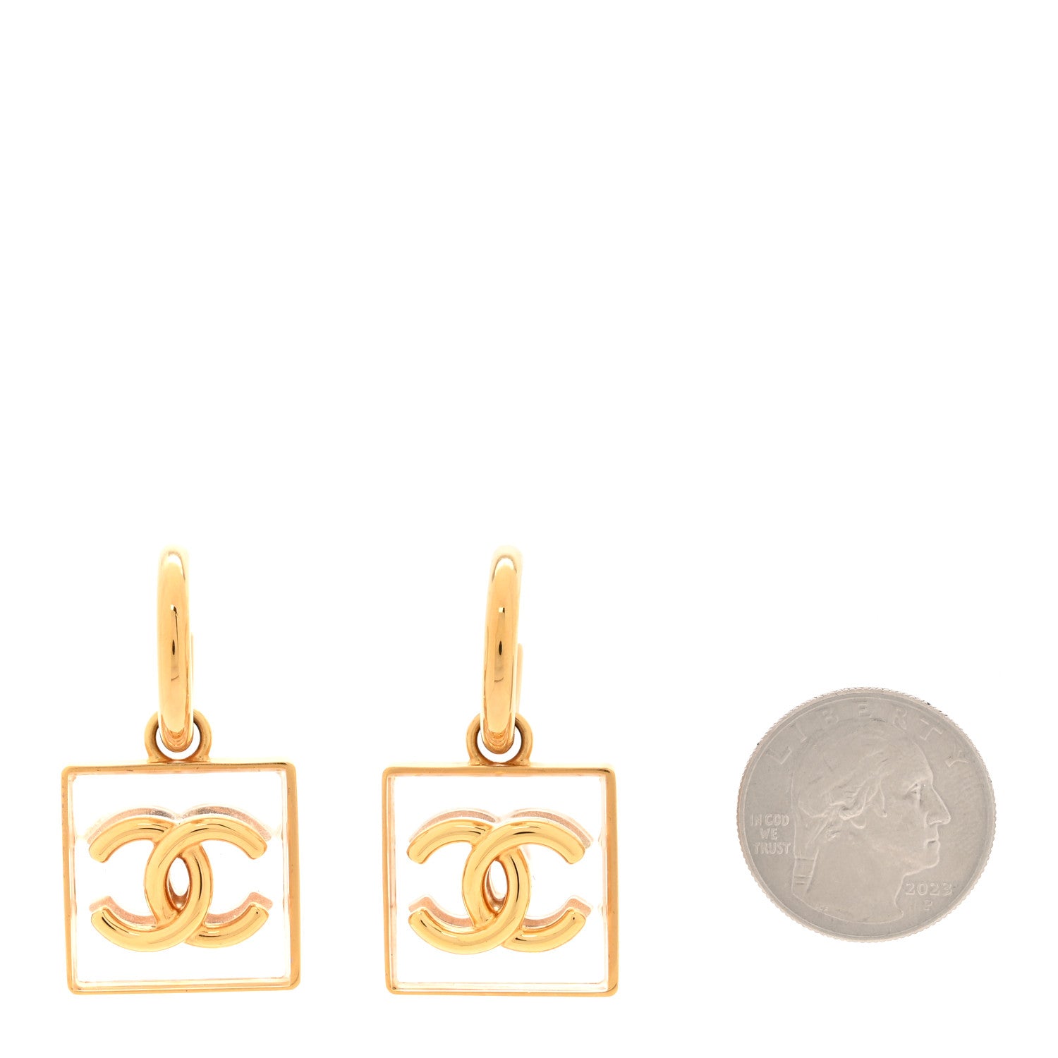 Chanel Metal Resin CC Square Drop Earrings Gold Transparent 2 of 5