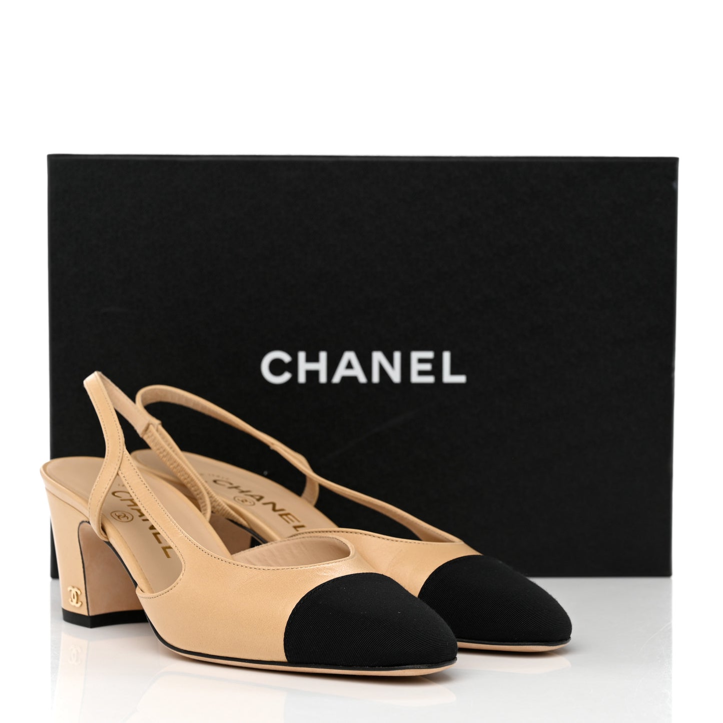 Goatskin Grosgrain Cap Toe CC Slingback Pumps 36.5 Beige Black