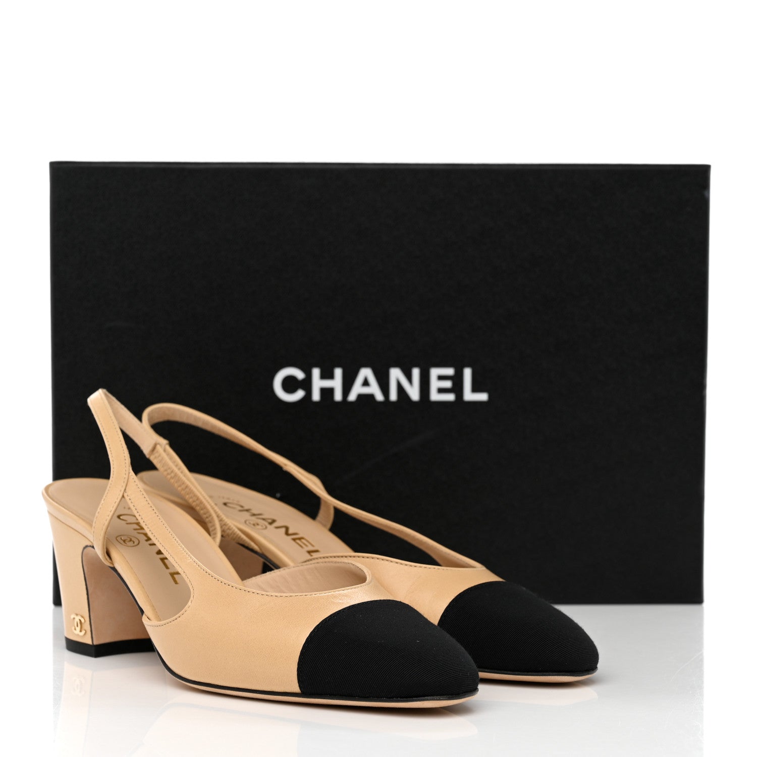 Chanel Goatskin Grosgrain Cap Toe CC Slingback Pumps 36.5 Beige Black 9 of 9