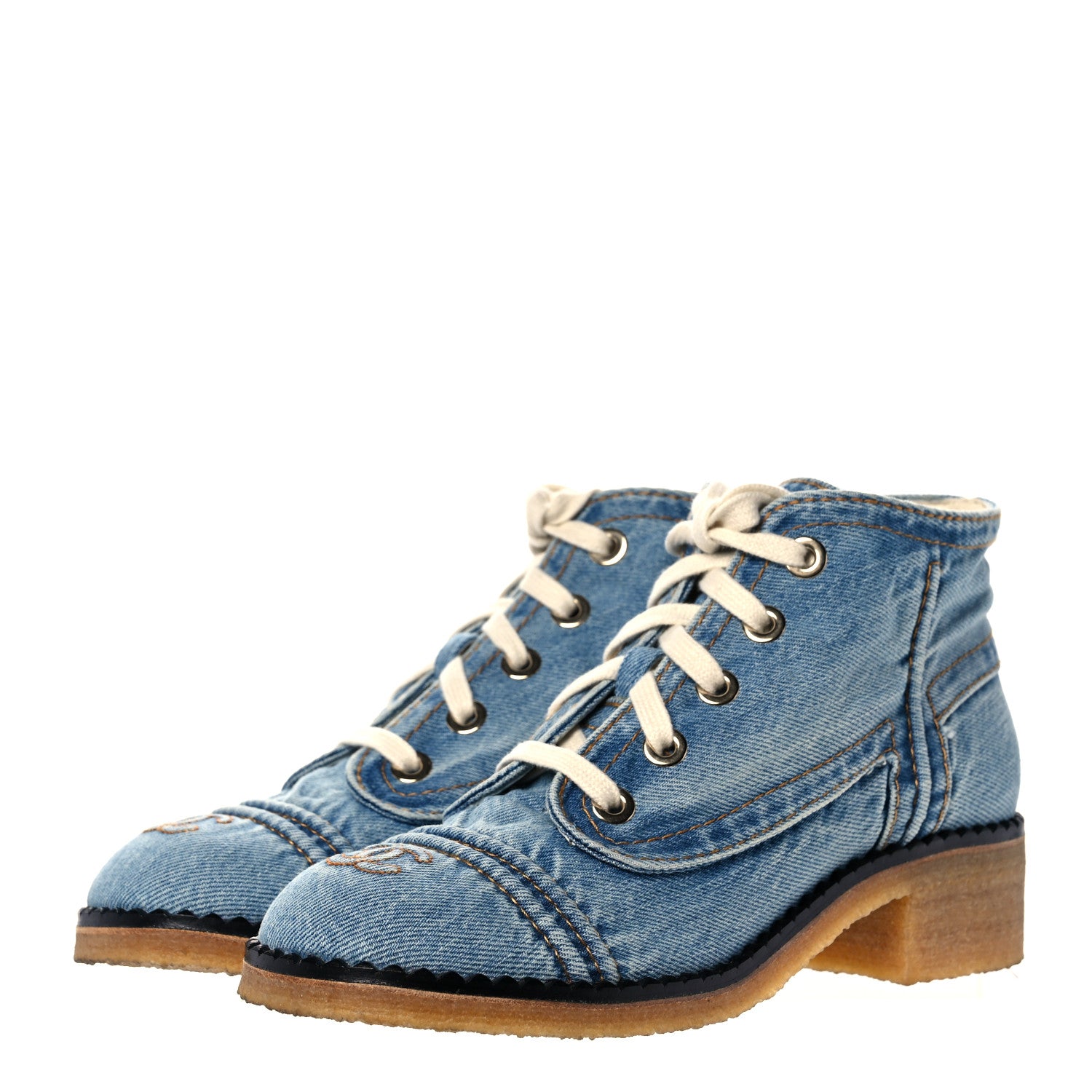 Chanel Denim Lace Up Boots 38.5 Light Blue 3 of 7