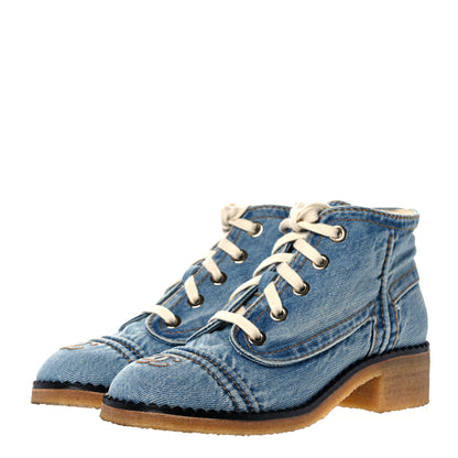 Chanel Denim Lace Up Boots 38.5 Light Blue 3 of 7