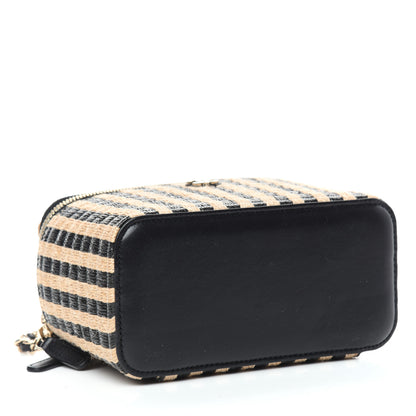 Chanel Raffia Jute Striped Small Vanity Case With Chain Black Beige 4 of 10