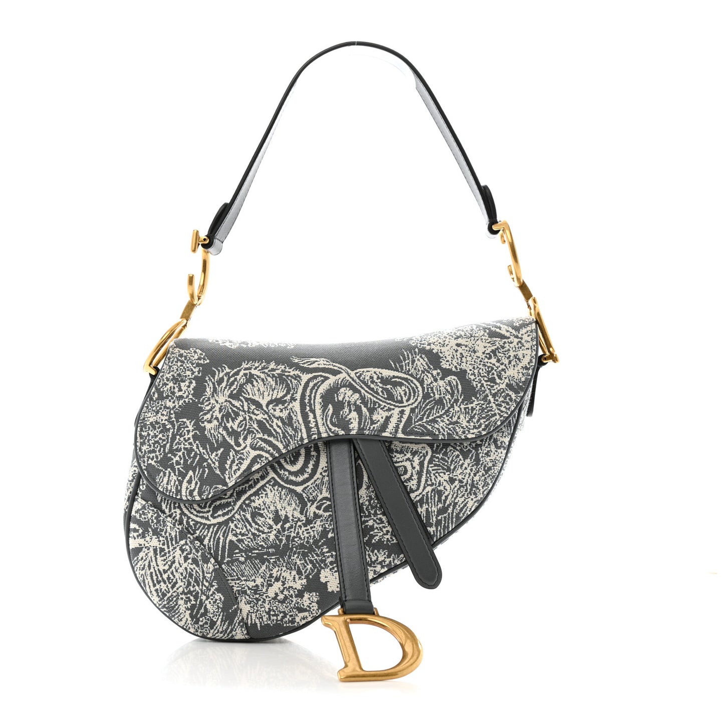 Canvas Reverse Embroidered Toile De Jouy Saddle Bag Grey