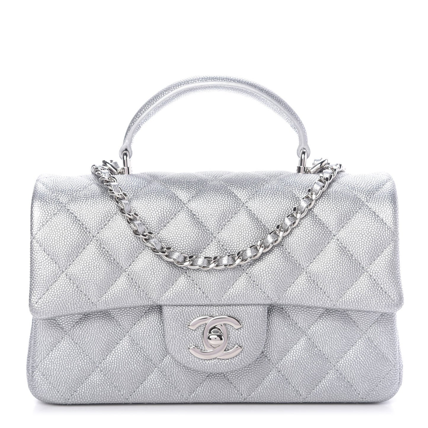 Metallic Caviar Quilted Mini Top Handle Rectangular Flap Silver