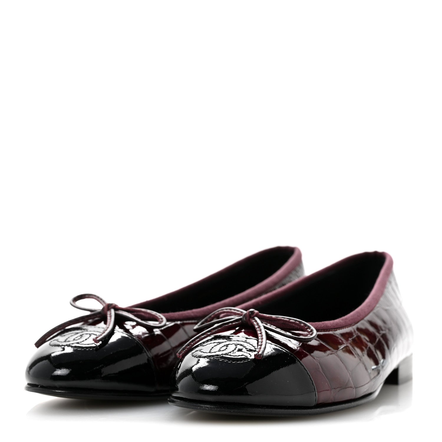 Chanel Patent Calfskin Crocodile Embossed Cap Toe CC Ballerina Flats 36.5 Dark Burgundy Black 4 of 10