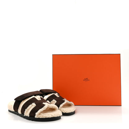 Hermes Suede Goatskin Woolskin Womens Chypre Sandals 37.5 Marron Ebene 10 of 10