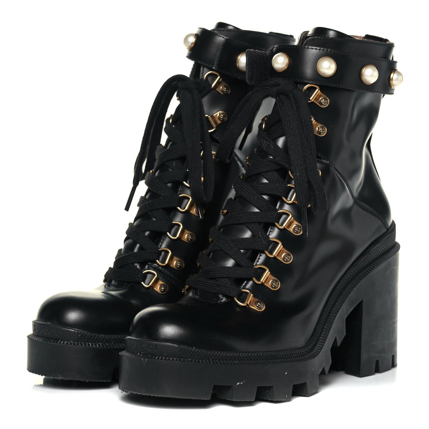 Gucci Magnum Calfskin Pearl Lace Up Combat Ankle Boots 39.5 Black 3 of 8