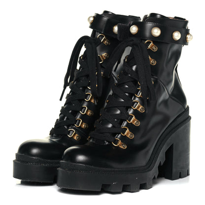 Gucci Magnum Calfskin Pearl Lace Up Combat Ankle Boots 39.5 Black 3 of 8