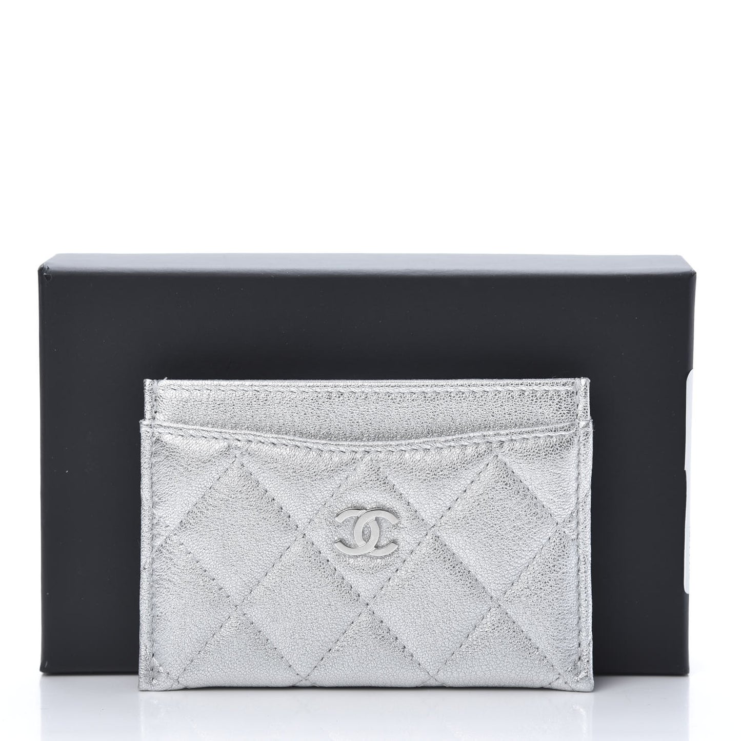 Metallic Lambskin Quilted Card Holder Silver
