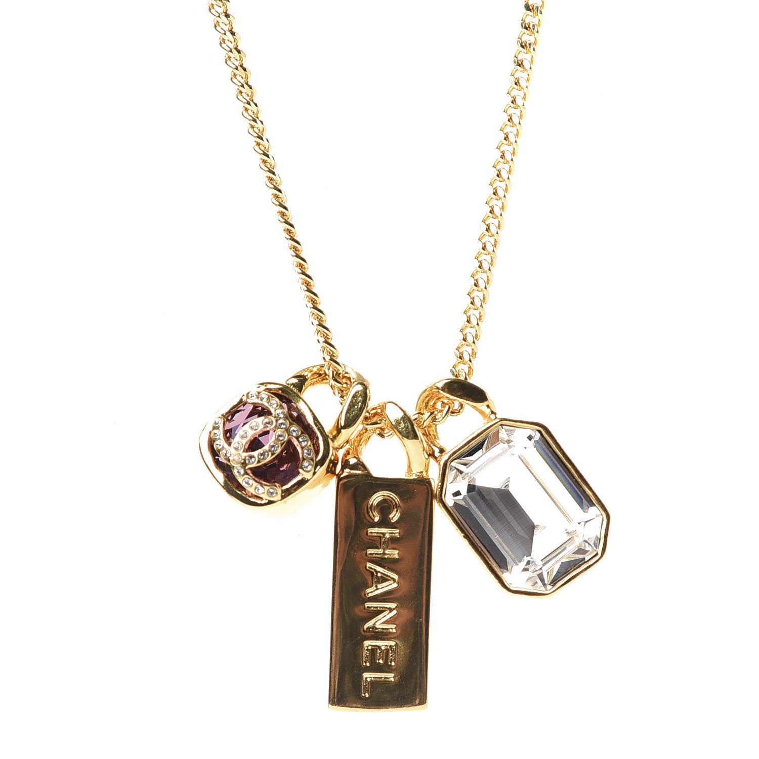 Chanel Metal Crystal Charm Necklace Purple Gold 4 of 7