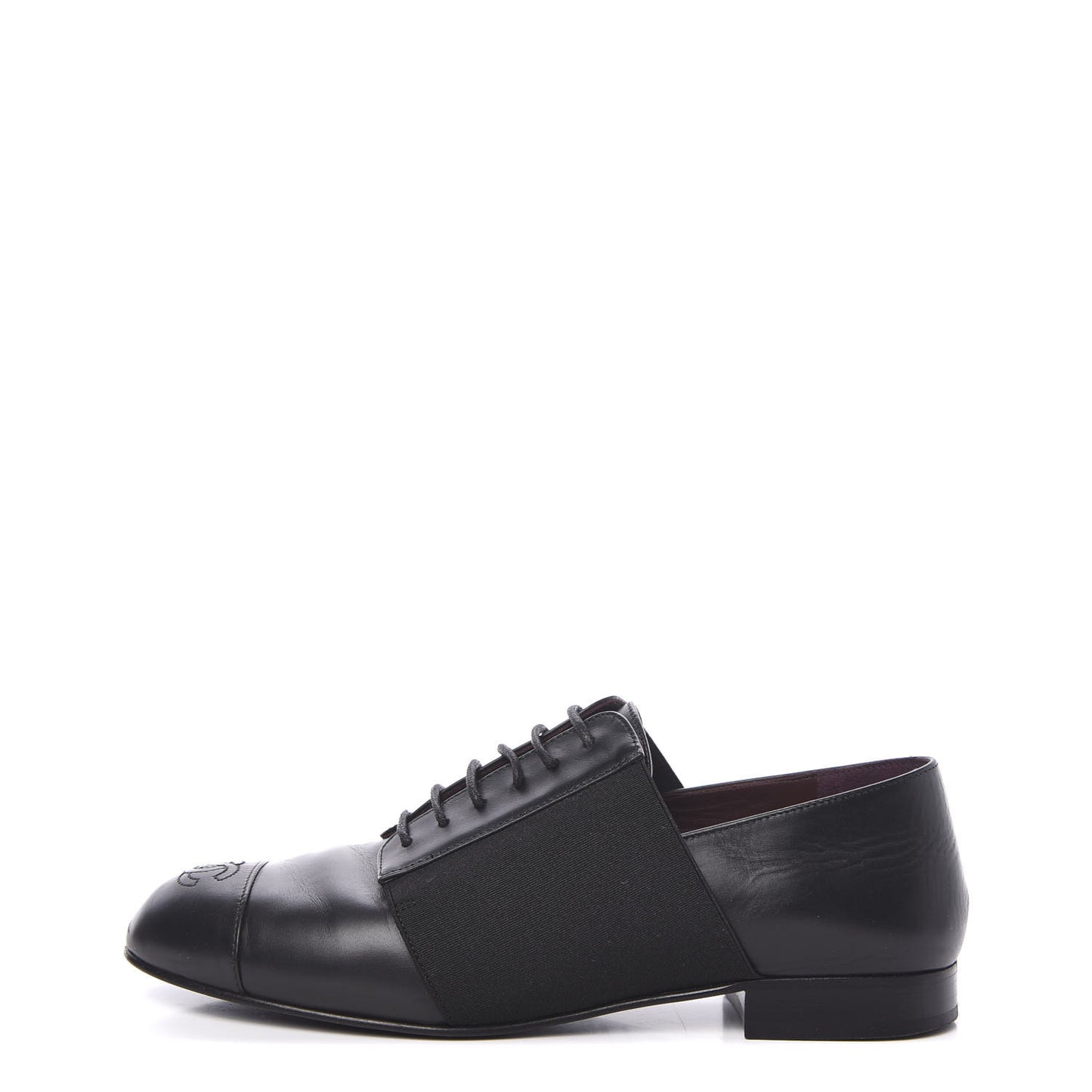 Calfskin Elastic Lace Up Cap Toe CC Loafers 35.5 Black