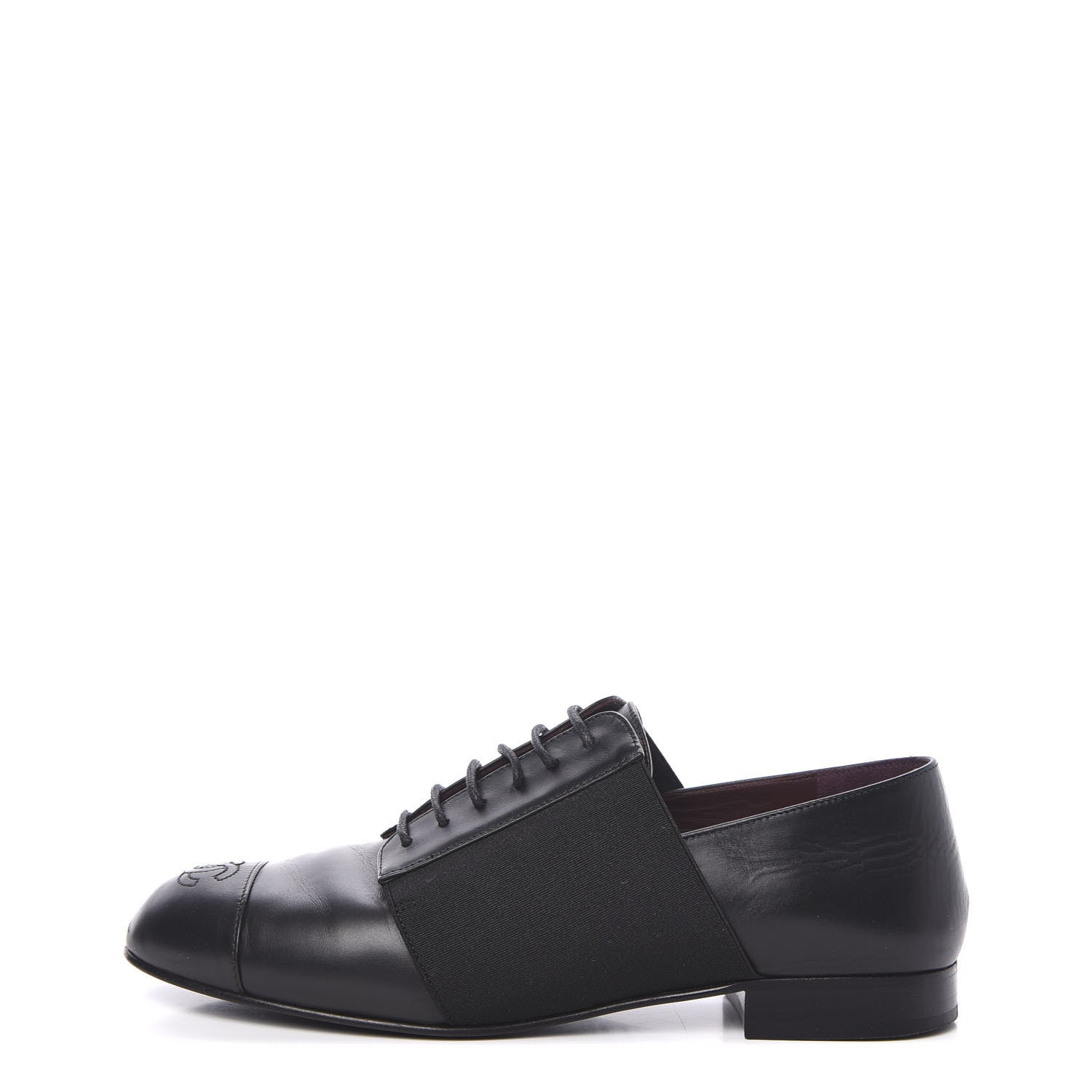 Chanel Calfskin Elastic Lace Up Cap Toe CC Loafers 35.5 Black 1 of 8