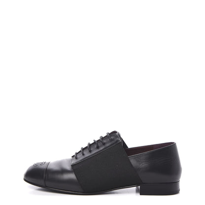 Chanel Calfskin Elastic Lace Up Cap Toe CC Loafers 35.5 Black 1 of 8