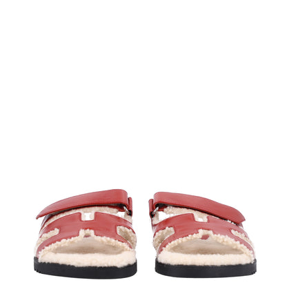 Hermes Glazed Nappa Woolskin Womens Chypre Sandals 36 Rouge Sanguine Ecru 3 of 9