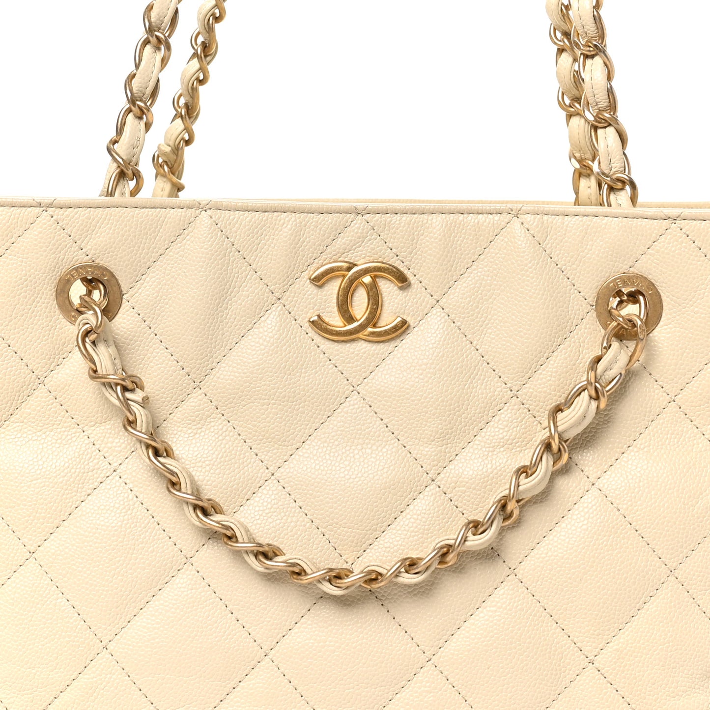 Caviar Quilted Small Trapezoid Chain Shopping Tote Ivory