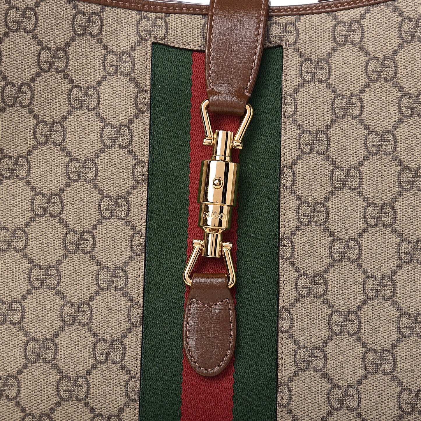 GG Supreme Monogram Azalea Calfskin Web Medium Jackie 1961 Hobo Beige Ebony Brown Sugar