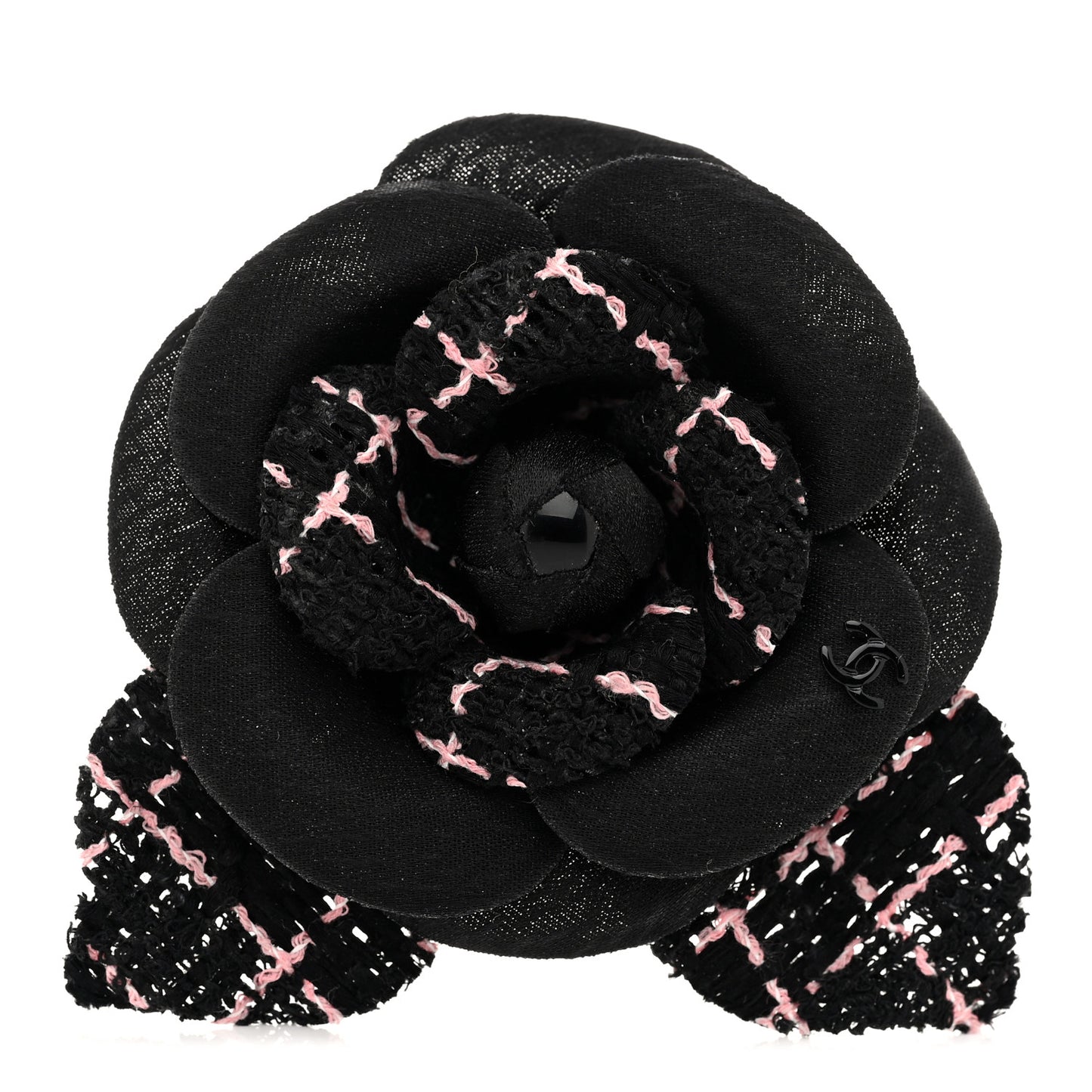 Tweed Camellia Pin Brooch Black Pink