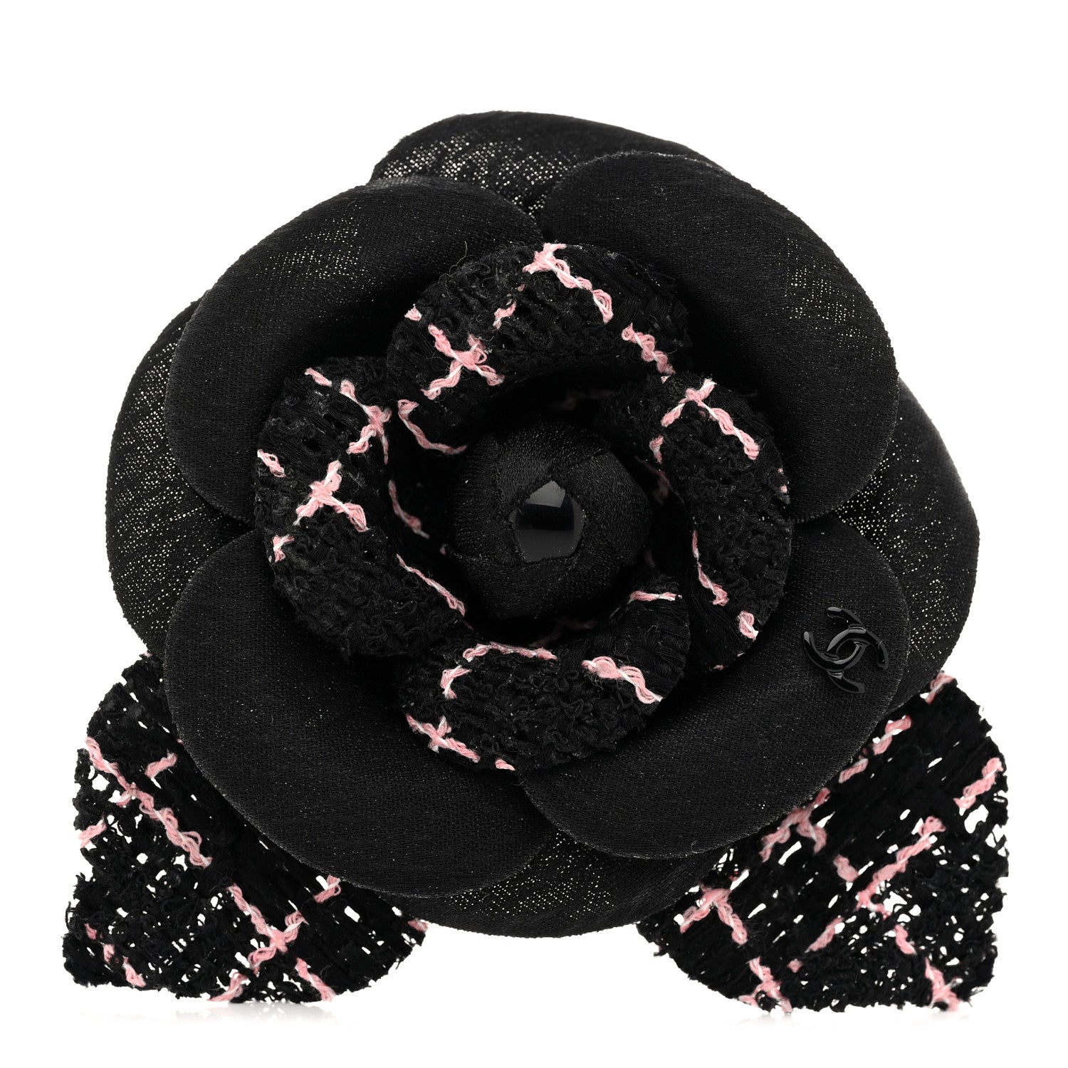 Chanel Tweed Camellia Pin Brooch Black Pink 1 of 3