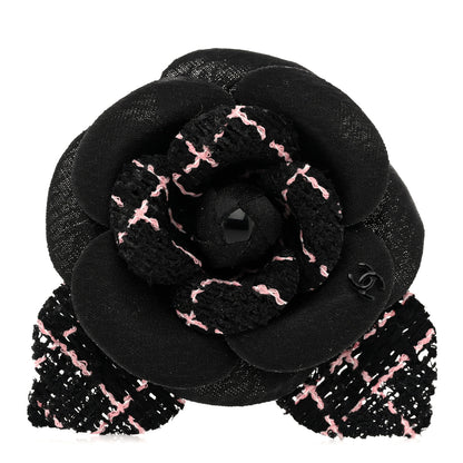 Chanel Tweed Camellia Pin Brooch Black Pink 1 of 3