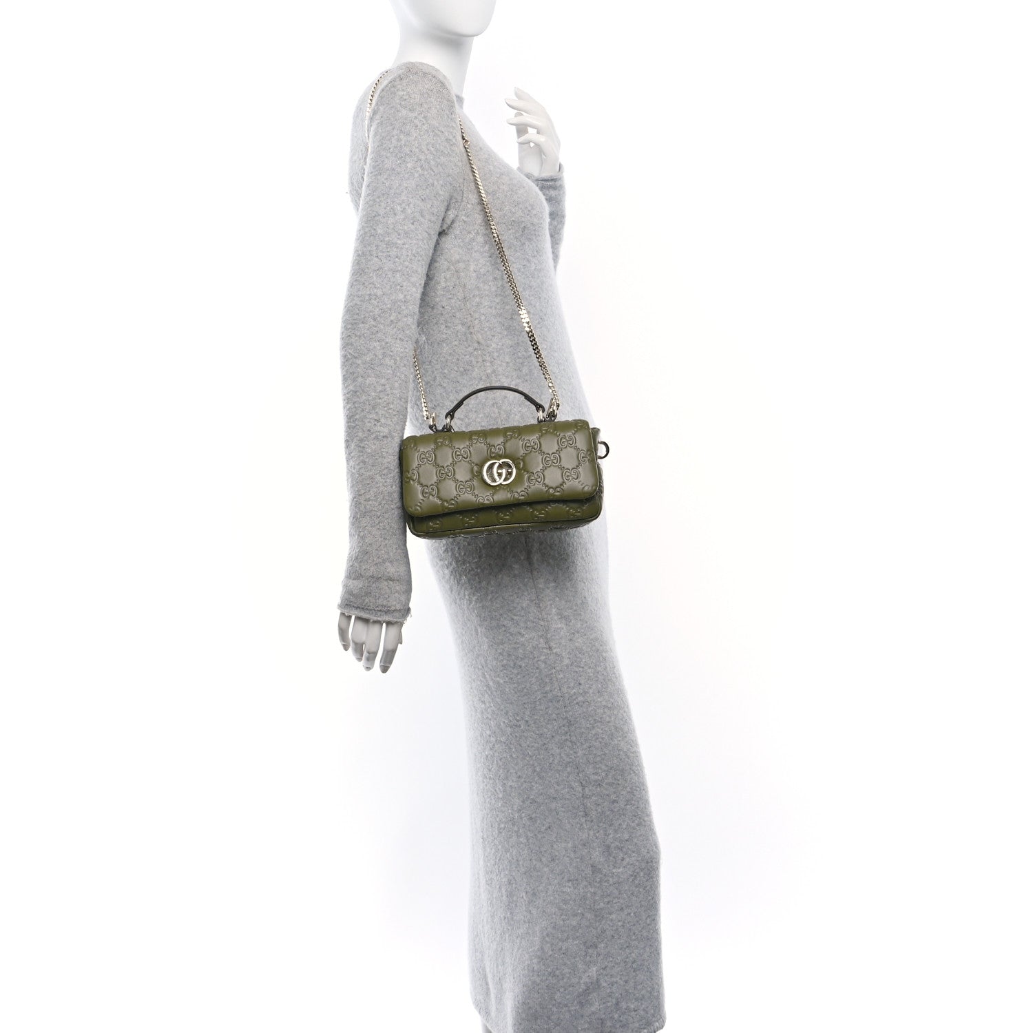 Gucci Lambskin Embossed Mini GG Milano Top Handle Shoulder Bag Green 2 of 10
