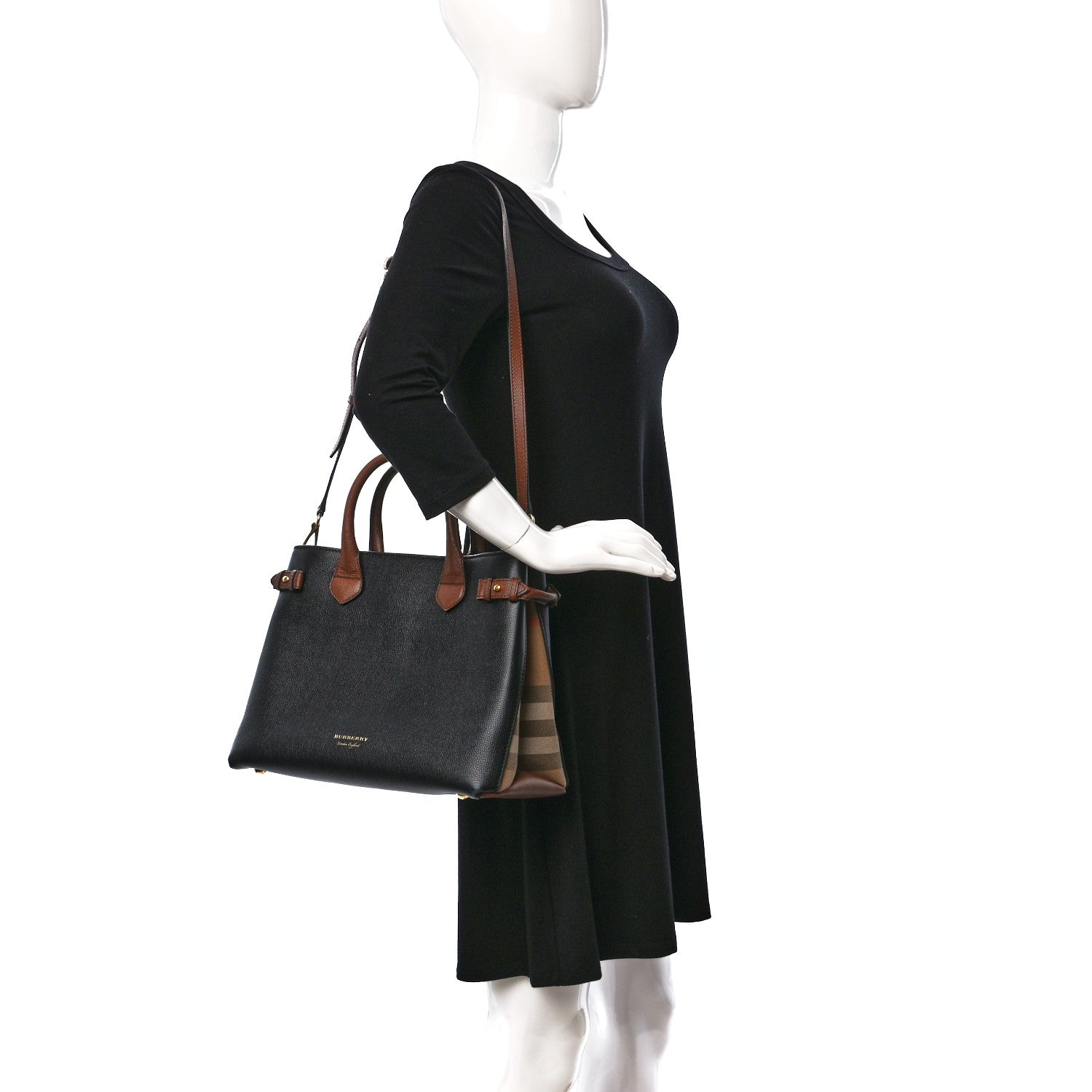 Burberry Grainy Calfskin House Check Two Tone Medium Banner Tote Black Brown 2 of 11