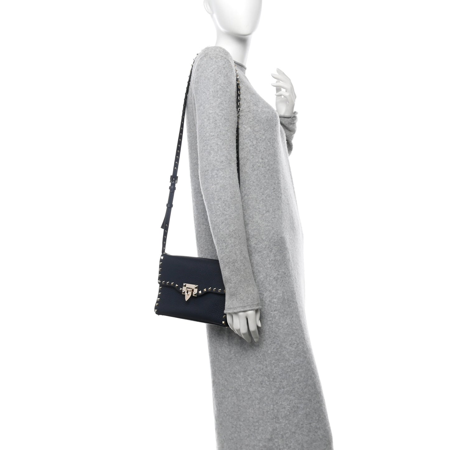 Pebbled Calfskin Medium Rockstud Flip Lock Crossbody Bag Navy