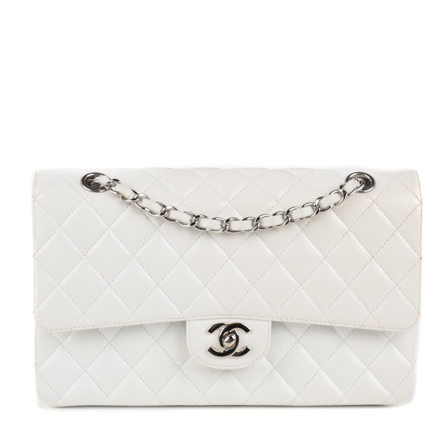 Caviar Quilted Medium Double Flap White