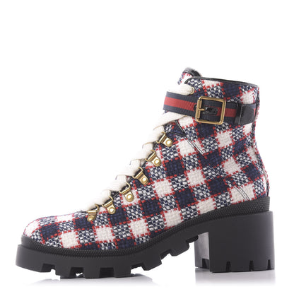 Gucci Vintage Tweed Check Lace Up Combat Ankle Boots 39 White Hibiscus Red Marine 1 of 12