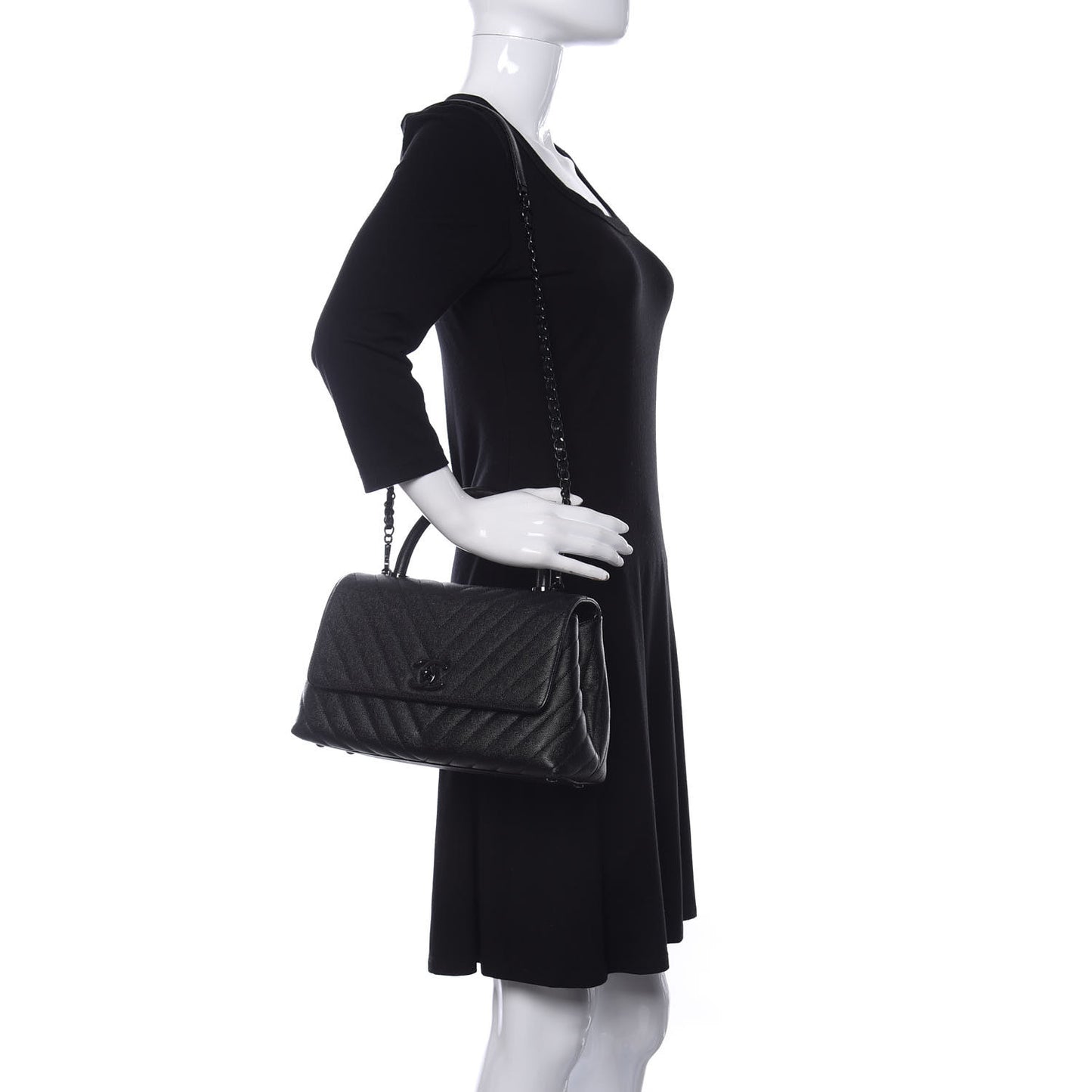 Caviar Chevron Quilted Small Coco Handle Flap So Black