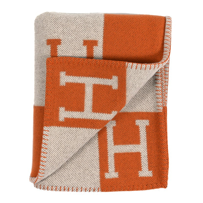 Hermes Wool Cashmere Signature Classic Avalon Blanket Ecru Potiron 2 of 3