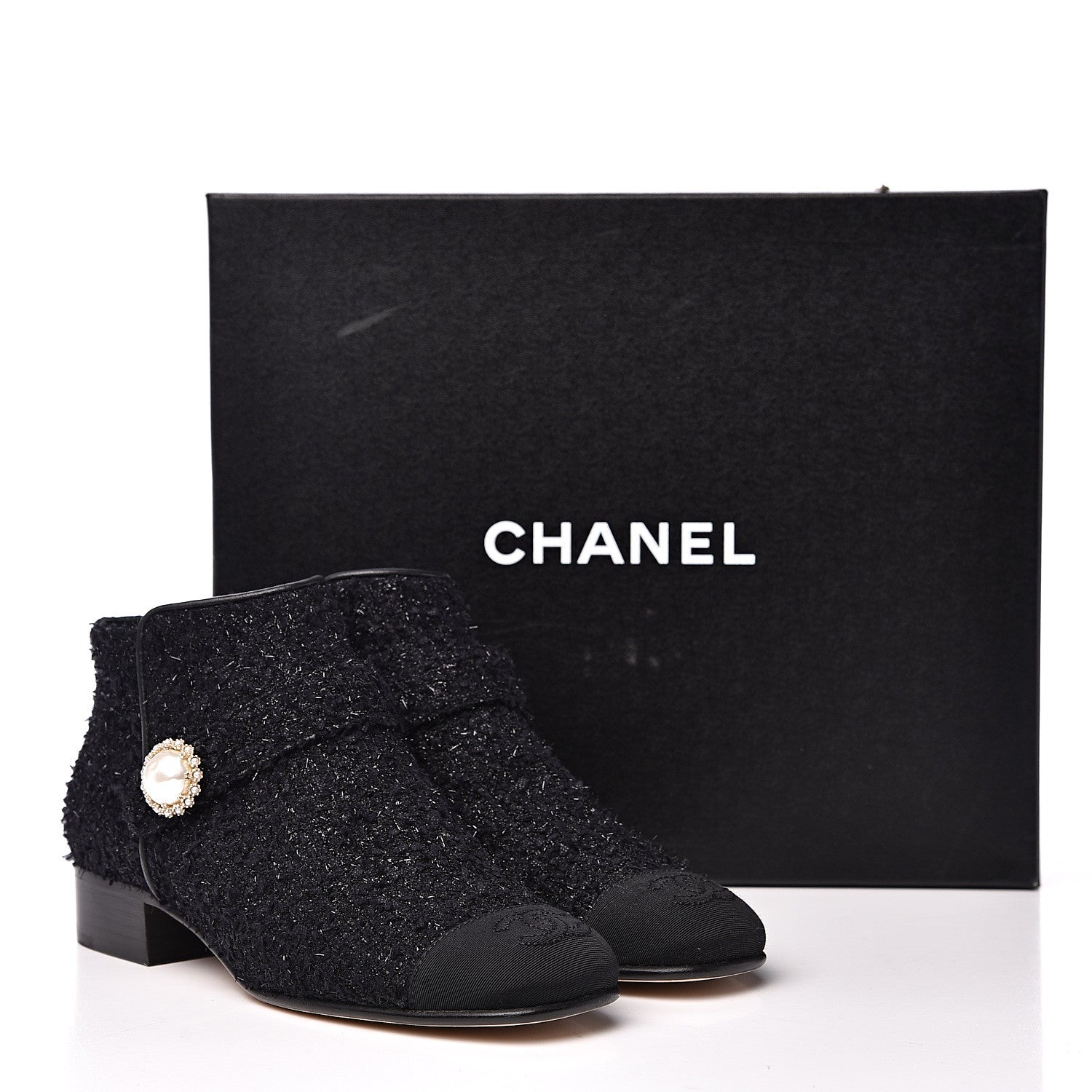 Chanel Tweed Grosgrain Pearl Cap Toe CC Short Boots 36 Black 10 of 10